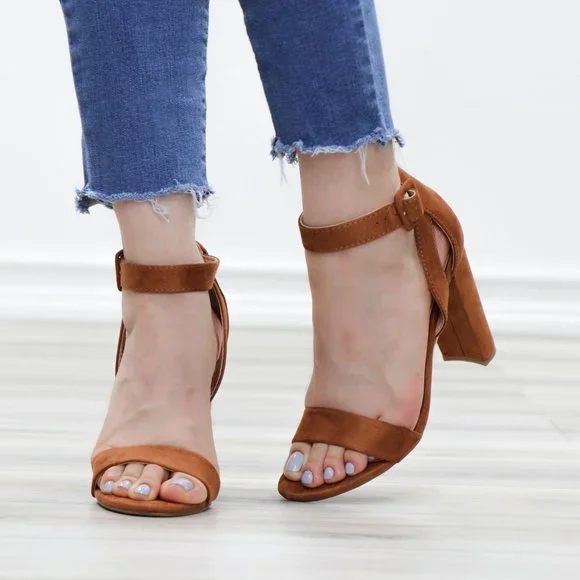 Faux Suede Open Toe Block High Heel Sandals - Picture 9 of 12